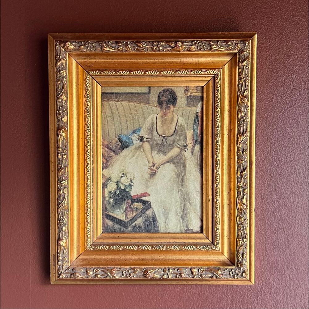 Vintage 1960s Framed Portrait Art Print Gold Gilt Frame 9x11 Romantic Decor